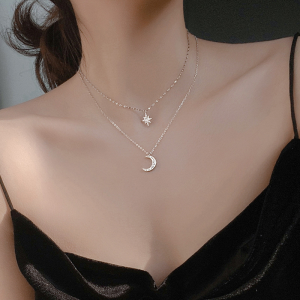 Star and Moon Silver Layered Necklace – Elegant Celestial Jewellery for Women